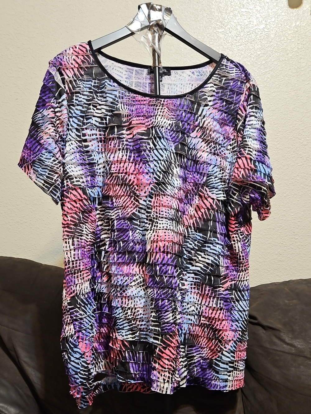 Notations Short Sleeve Textured Top - Purple, Pink & Black